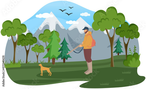 Man with gun walks through woods. Hunter goes after his dog in forest. Hunting animals concept