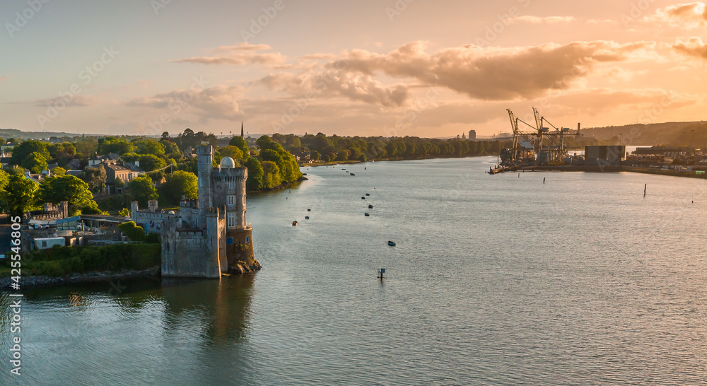 Naklejka premium Blackrock Castle Observatory Cork Ireland old Irish touristic landmark sunset amazing aerial scenery view