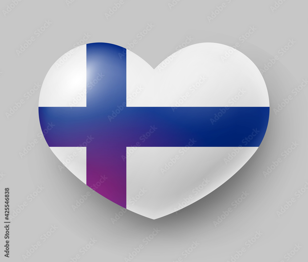 Heart shaped glossy national flag of Finland. European country national flag button, Finlandia symbol in patriotic colors realistic vector illustration on gray background Heart shaped glossy national flag of Finland. European country national flag button, Finlandia symbol in patriotic colors realistic vector illustration on gray background