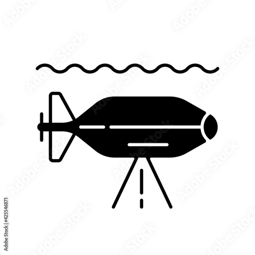 AUV black linear icon. Autonomous underwater vehicle is robot that travels underwater without requiring input from operator. Outline symbol on white space. Vector isolated illustration