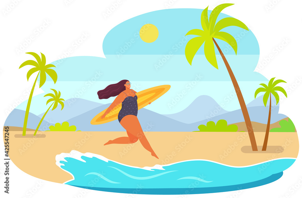 Plump girl running with surfboard. Person in swimsuit resting at ocean resort vector illustration