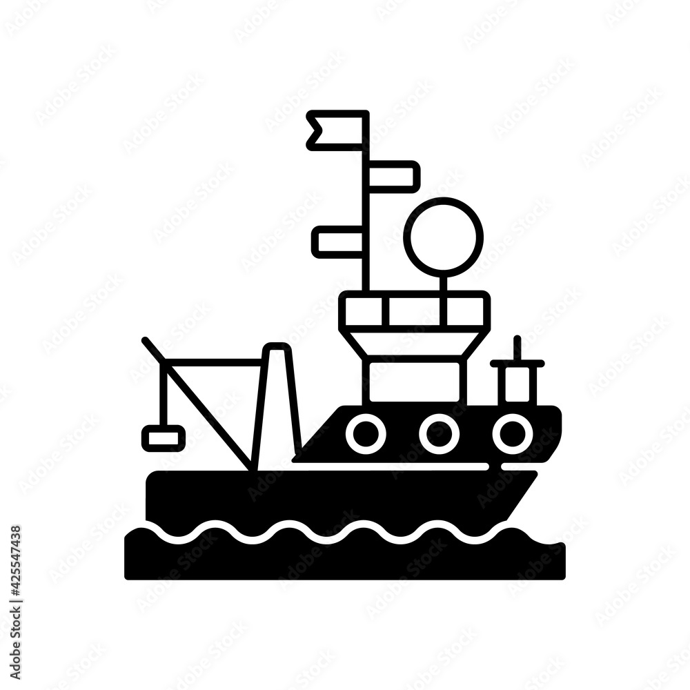 Research vessel black linear icon. Ship or boat designed and equipped to carry out research at sea or ocean. Carry out number of roles. Outline symbol on white space. Vector isolated illustration Research vessel black linear icon. Ship or boat designed and equipped to carry out research at sea or ocean. Carry out number of roles. Outline symbol on white space. Vector isolated illustration