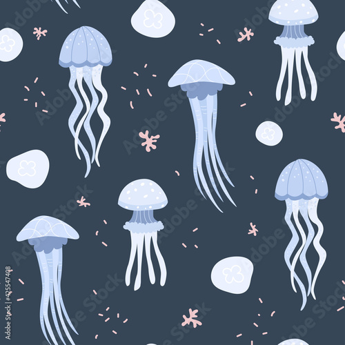 Seamless marine pattern with various deep sea jellyfish. Great for fabric, textile. Vector Illustration