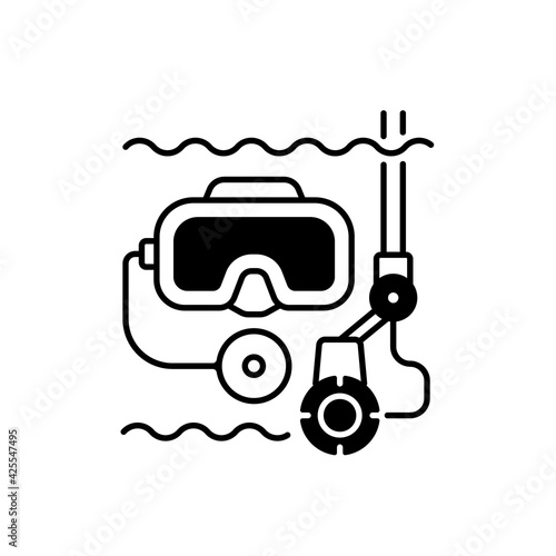 Underwater inspection black linear icon. Easily inspect areas that are too small for divers to enter. Helps to avoid unnecessary down time. Outline symbol on white space. Vector isolated illustration