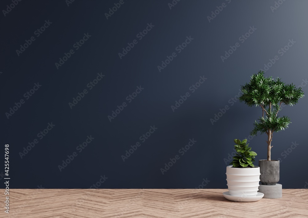 Empty room dark blue walls, with beautiful plants on the side of the floor.3d rendering. Empty room dark blue walls, with beautiful plants on the side of the floor.3d rendering.