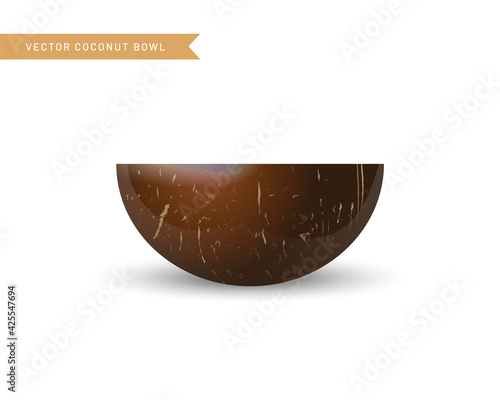 Coconut Bowl realistic vector illustration isolated on white background. Side view. Natural eco friendly coconut cup for smoothie, salad and other food