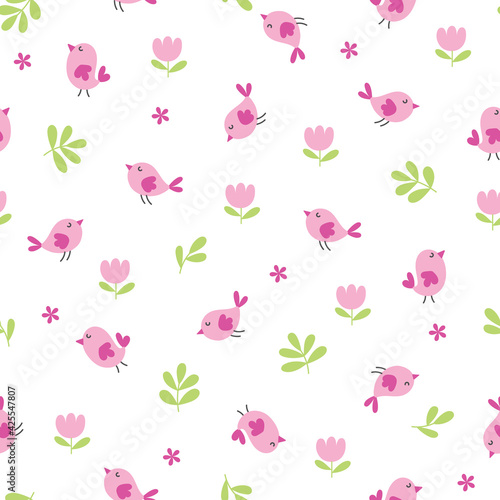 Seamless pattern with pink birds