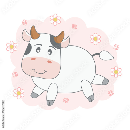 Adorable cute cartoon cow isolated on pink background with flowers.