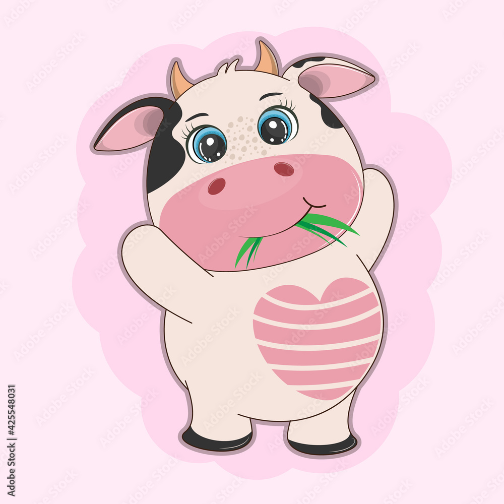 Fototapeta premium Fat cartoon cute cow with pink heart.