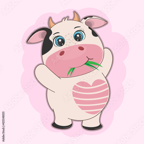 Fat cartoon cute cow with pink heart.