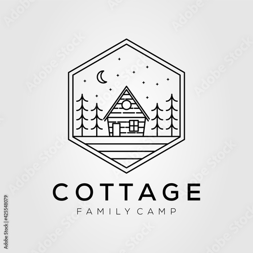 night camping minimalist line art badge logo template vector illustration design. simple outline cottage, cabin, camp, house logo concept