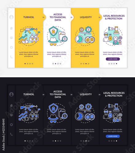 Worldwide asset issues onboarding vector template. Responsive mobile website with icons. Web page walkthrough 4 step screens. Liquidity, protection night and day mode concept with linear illustrations