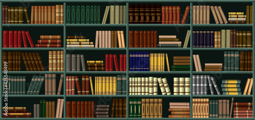 Bookshelf. A large bookcase in a library, a store with many different books. Background from books.