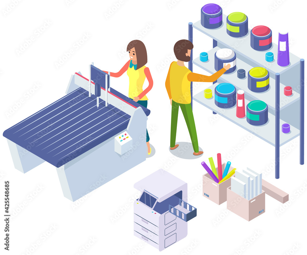 People working with equipment and shelving with paints. Office technique vector illustration People working with equipment and shelving with paints. Office technique vector illustration
