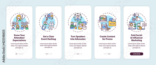 Online event marketing tips onboarding mobile app page screen with concepts. Expectations, hashtag walkthrough 5 steps graphic instructions. UI, UX, GUI vector template with linear color illustrations