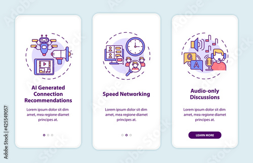 Virtual events for networking onboarding mobile app page screen with concepts. Audio discussions walkthrough 3 steps graphic instructions. UI, UX, GUI vector template with linear color illustrations