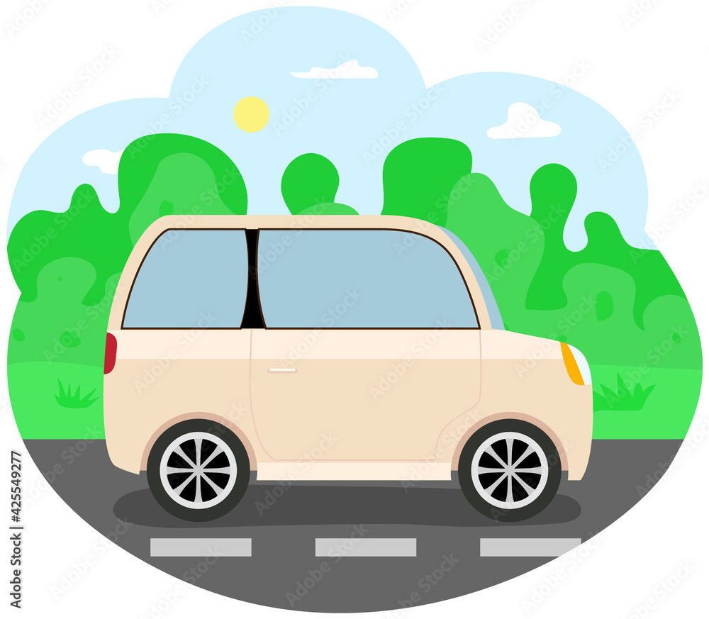 Modern car parking along town street in cartoon style. Vehicles car on city street Modern car parking along town street in cartoon style. Vehicles car on city street