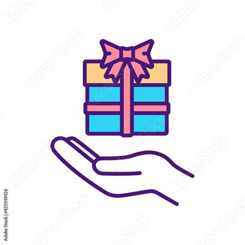 Charitable contribution RGB color icon. Hospitality. Gift giving. Donation, sponsorship. Fundraising event. Providing services, goods and money. Supporting nonprofits. Isolated vector illustration