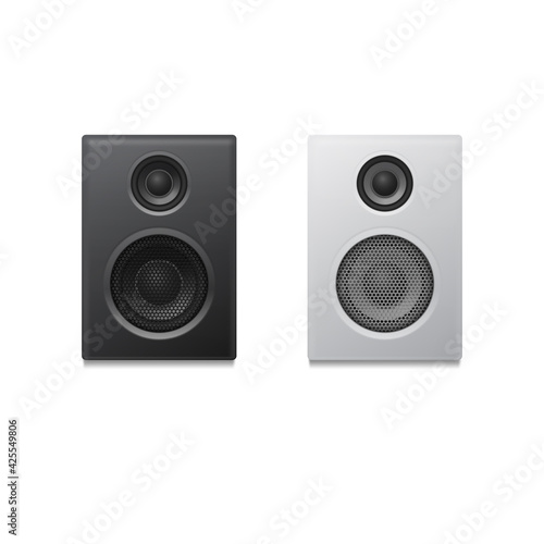 Realistic loudspeakers, black and white. Vector illustration.
