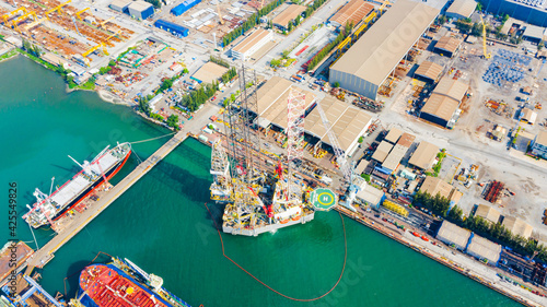 Oil Drilling Rig top view, Aerial view of jack up rig with plant maintenance services