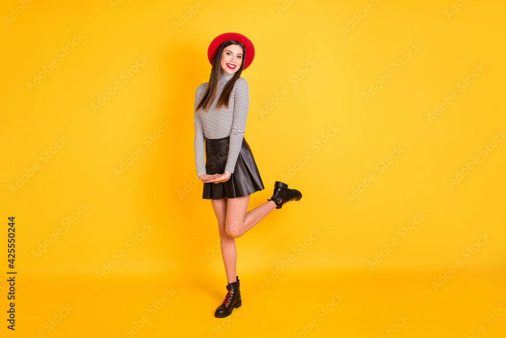 Full length photo of attractive lady smile good mood wear glamour outfit isolated on shine yellow color background