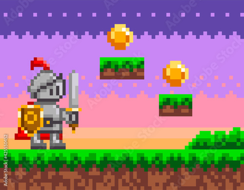 Pixel-game knight brave character. Pixelated natural landscape with warrior holding shield and sword © robu_s