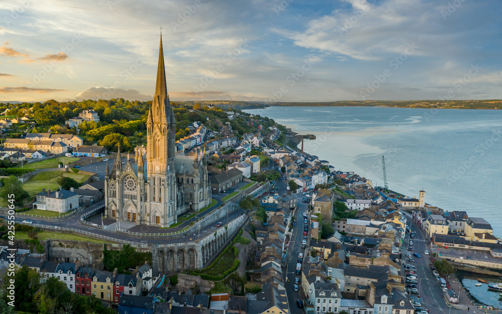 St Colman's Cathedral Cobh Cork Ireland aerial amazing scenery view Irish landmark traditional town  - obrazy, fototapety, plakaty 