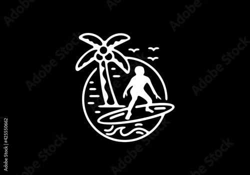 Black and white surfer and coconut tree illustration tattoo