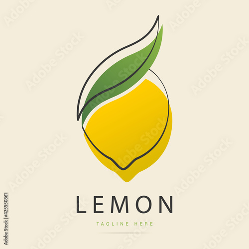 Abstract bright taste fruit citrus yellow lemon logo with green leaf sign.Design template fresh icon,juice concentrate symbol from curved lines.Print for pattern textile fabric.Vector illustration © IrkoValenko