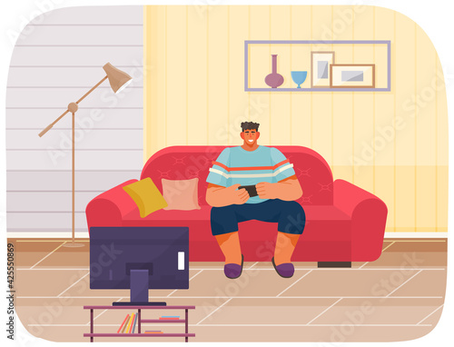 Guy playing on smartphone sitting on couch. Person with phone looks at screen of television