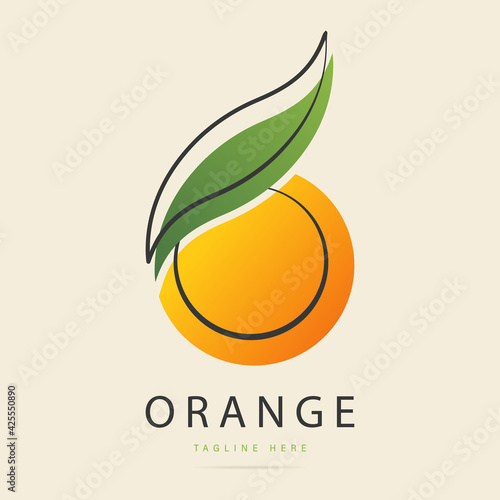 Abstract bright taste fruit citrus orange logo with green leaf sign.Design template fresh icon,juice concentrate symbol from curved lines.Print for pattern textile fabric.Vector isolated illustration