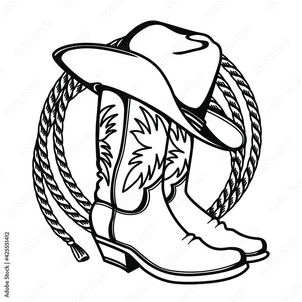 Vecteur Stock Cowboy boots and western hat. Vector graphic hand drawn  illustration rodeo cowboy clothes isolated on white for print or design |  Adobe Stock