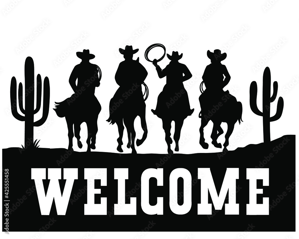 Cowboys driving horses silhouette. American Desert Cowboy welcome sign
