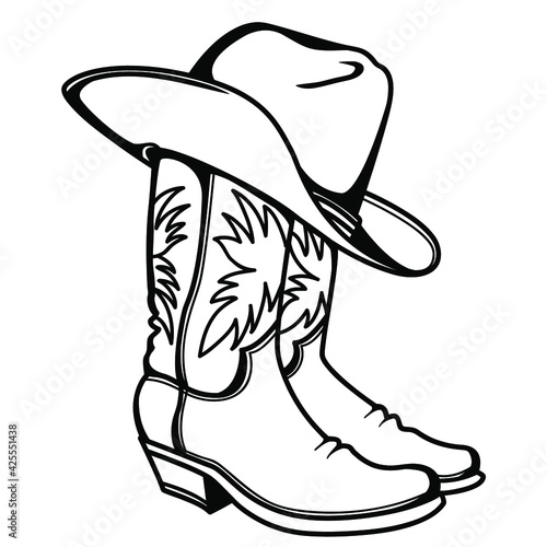 Cowboy boots and western hat. Vector graphic hand drawn illustration rodeo cowboy clothes isolated on white for print or design © GeraKTV