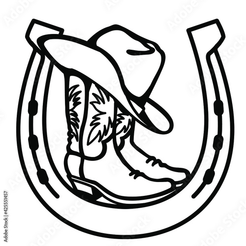 Cowboy boots and western hat in horseshoe sign. Vector graphic black symbol of cowboy illustration isolated on white for print or design