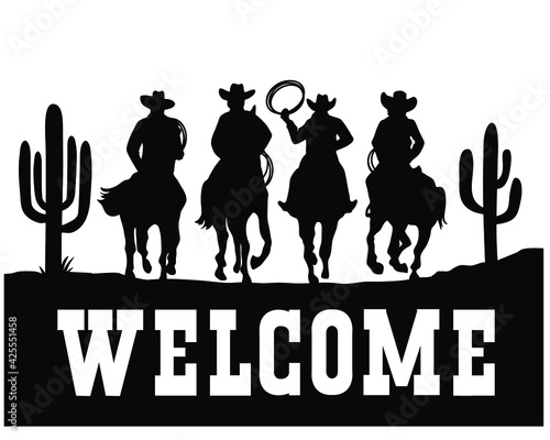 Cowboys driving horses silhouette. American Desert Cowboy welcome sign with cactuses. Vector Black silhouette of Arizona Desert Graphic illustration isolated on white