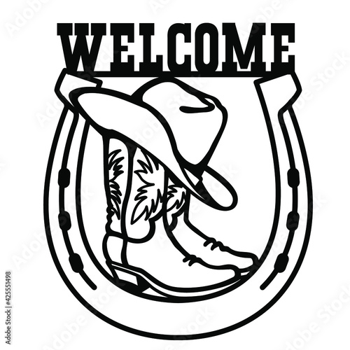 Cowboy boots and western hat. Vector graphic black cowboy Welcome sign illustration horseshoe rodeo isolated on white for print or design
