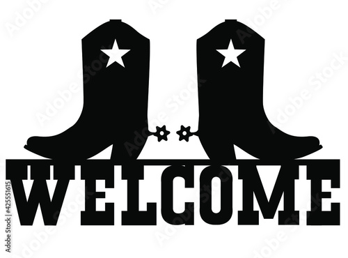 Welcome to Texas vector black graphic sign illustration with cowboy boots sihouette and welcome text isolated on white