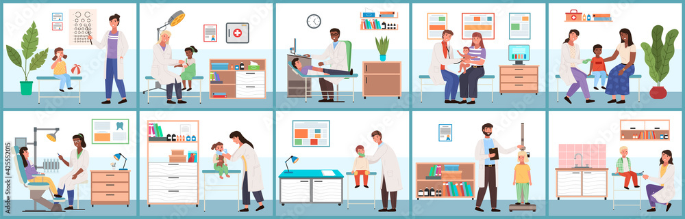 Set of illustrations about provision of medical services. Doctor working with patients in hospital Set of illustrations about provision of medical services. Doctor working with patients in hospital