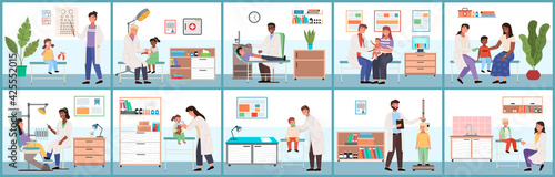 Set of illustrations about provision of medical services. Doctor working with patients in hospital