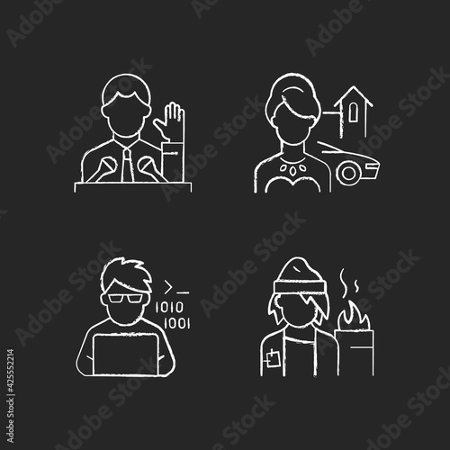 Social status type chalk white icons set on black background. Political elite. Upper and lower class. Programmer, computer expert. Different people. Isolated vector chalkboard illustrations