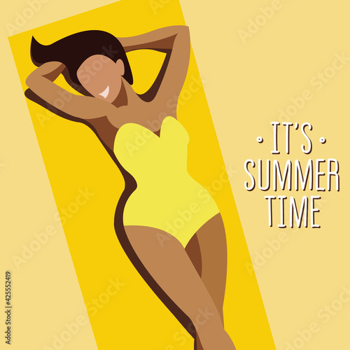 vector illustration on the theme of summer holidays. beautiful young tanned girl in a yellow swimsuit sunbathes on the beach. the picture can be used to decorate leaflets and flyers. elements isolated