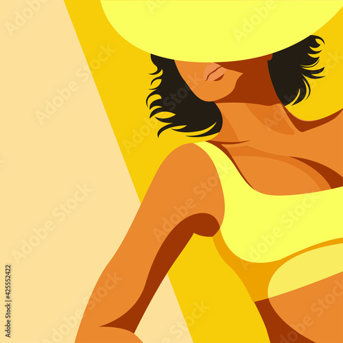 vector flat design illustration on the theme of summer holidays. beautiful young tanned girl in a yellow swimsuit sunbathes on the beach. can be used to advertise resorts, beaches, summer vacations.
