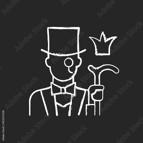 Aristocratic elite chalk white icon on black background. Posh gentleman with monocle. Rich person, wealthy victorian man. Upper social class. Isolated vector chalkboard illustration