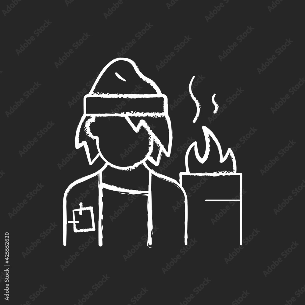 Lower class chalk white icon on black background. Homeless man. Poverty, beggar living on street. Person with no home. Life crisis. Society problem. Isolated vector chalkboard illustration Lower class chalk white icon on black background. Homeless man. Poverty, beggar living on street. Person with no home. Life crisis. Society problem. Isolated vector chalkboard illustration