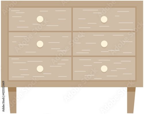 Wooden commode with drawers isolated on white background. Photo frames with pictures on closet