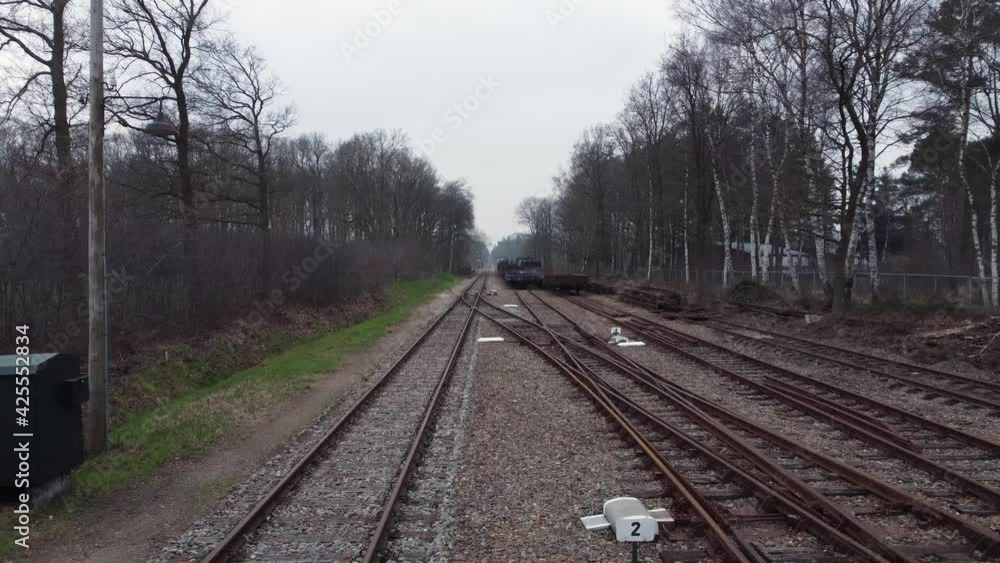 Old historical wagons on the train track in Loenen, the Netherlands, Aerial view Old historical wagons on the train track in Loenen, the Netherlands, Aerial view