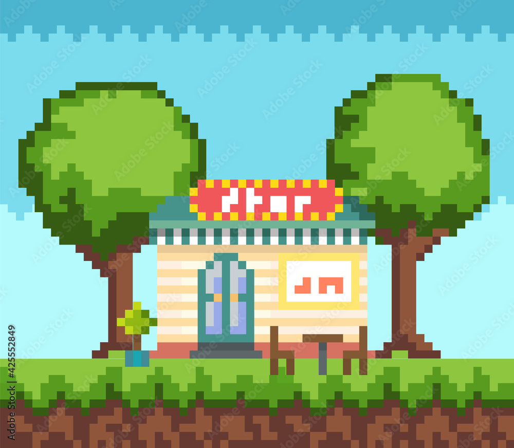 Pixel art game scene with ground, grass, tree, sky and house. Pixelated interface layout design