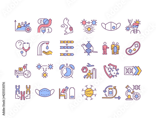 Virus mutations RGB color icons set. Different types of illness mutating around all world countries. Dealing with corona virus pandemia. Isolated vector illustrations