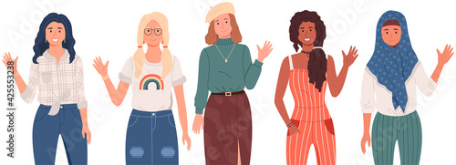 Group of women with different nationalities and cultures. Multicultural people show greeting gesture